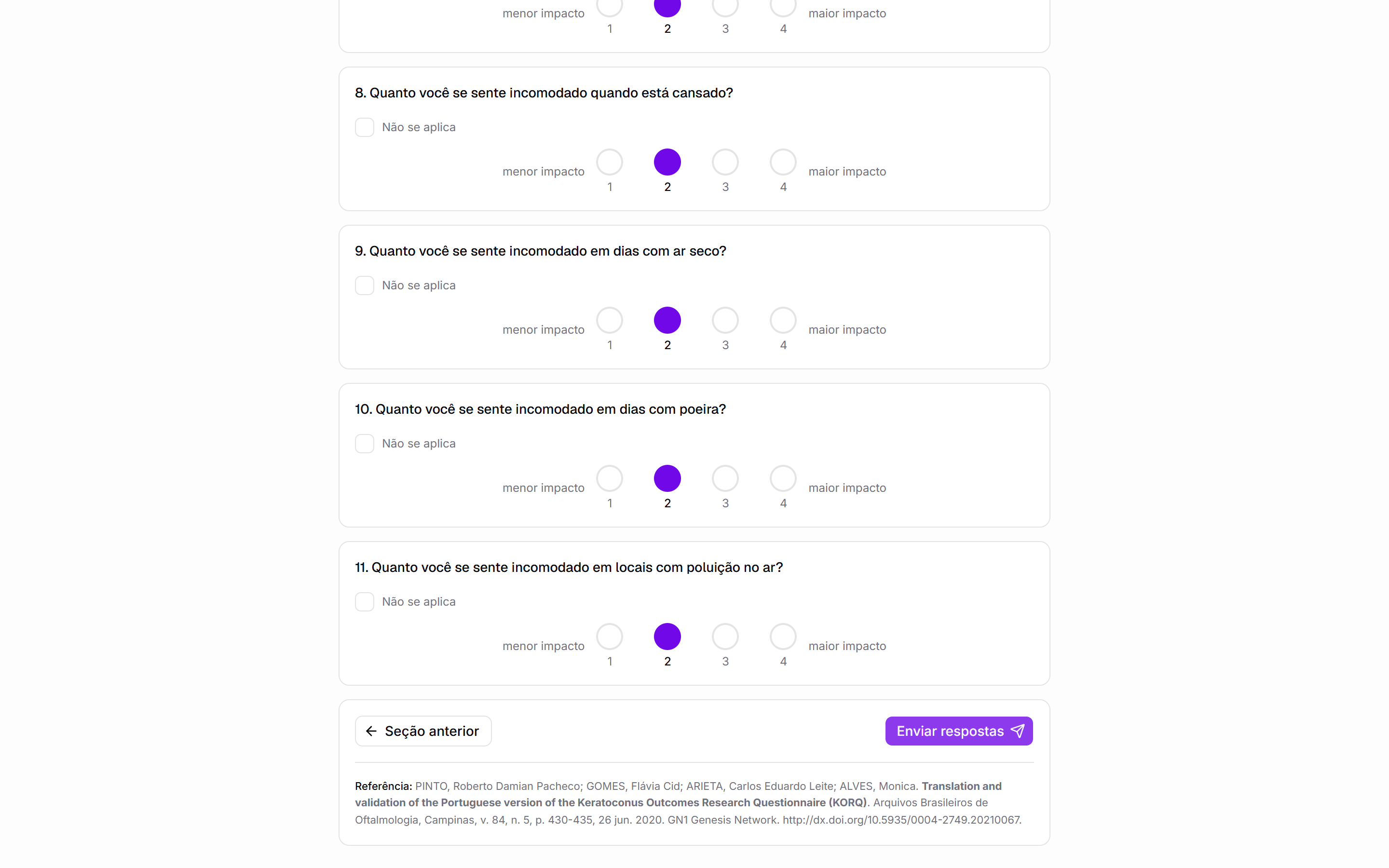 Final da Seção 2, com o botão Enviar respostas