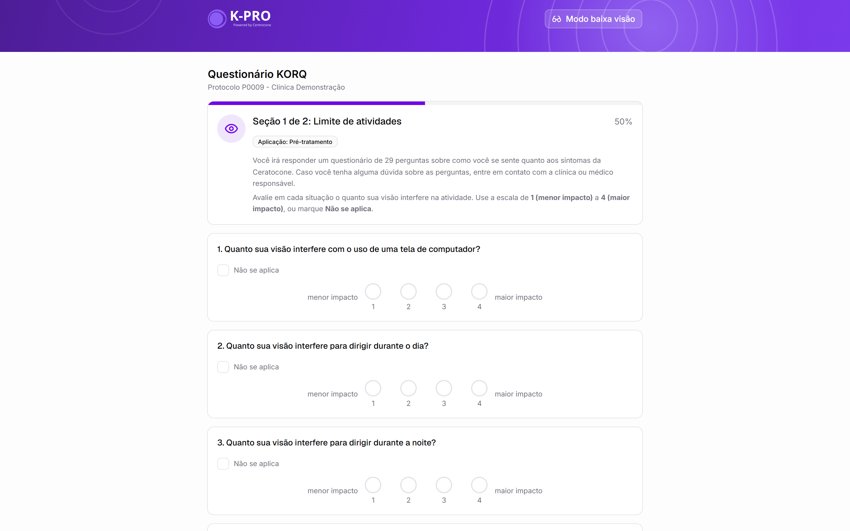 Tela pública do questionário, como o paciente vê