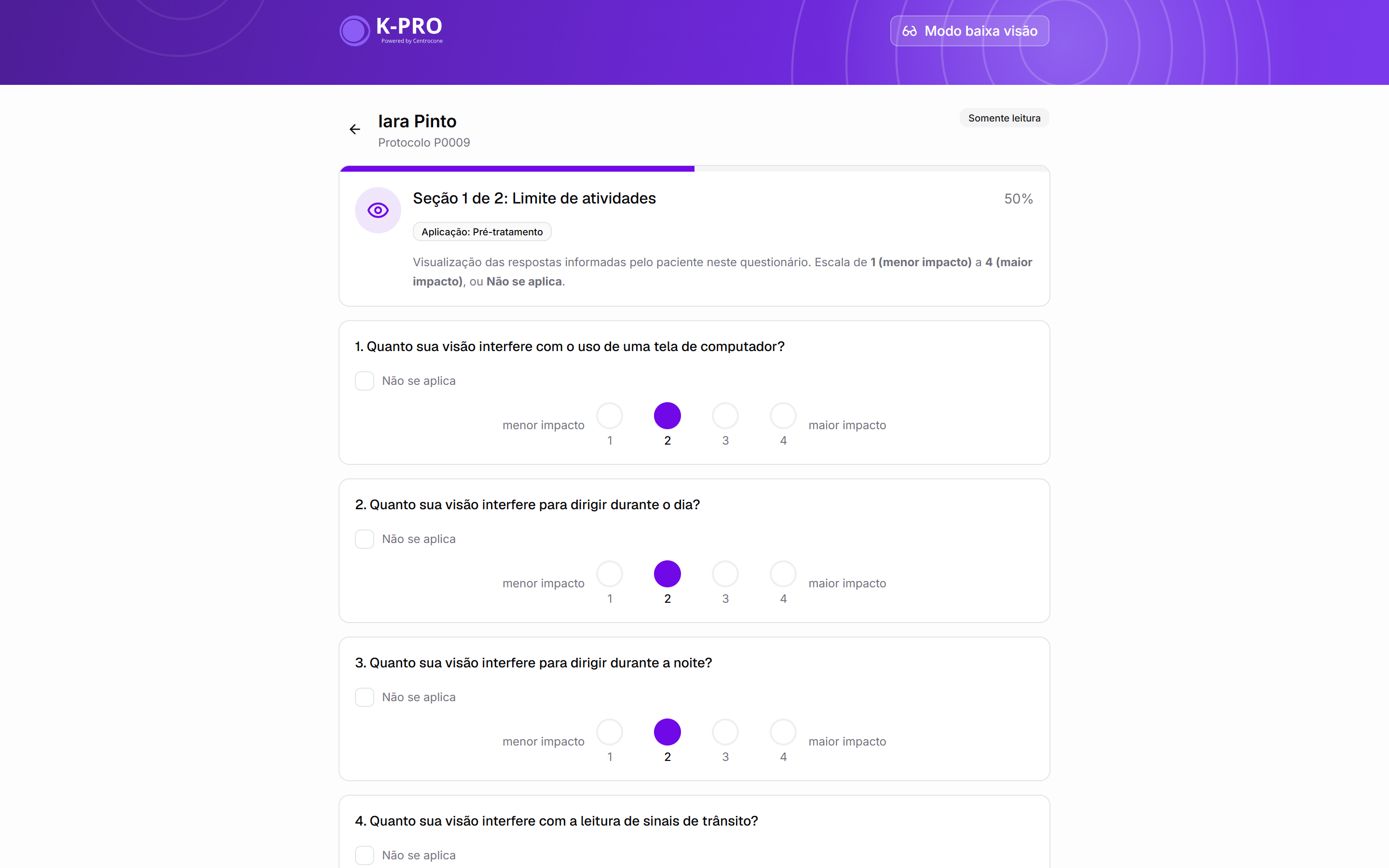 Respostas do paciente em modo somente leitura